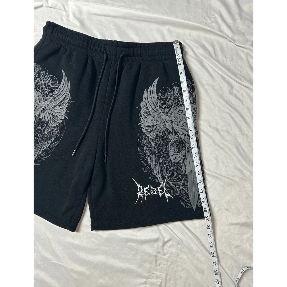 Rebel Vengeance Mens XL Black Graphic Wing Sword Sweat Shorts Streetwear Gothic - Picture 13 of 14